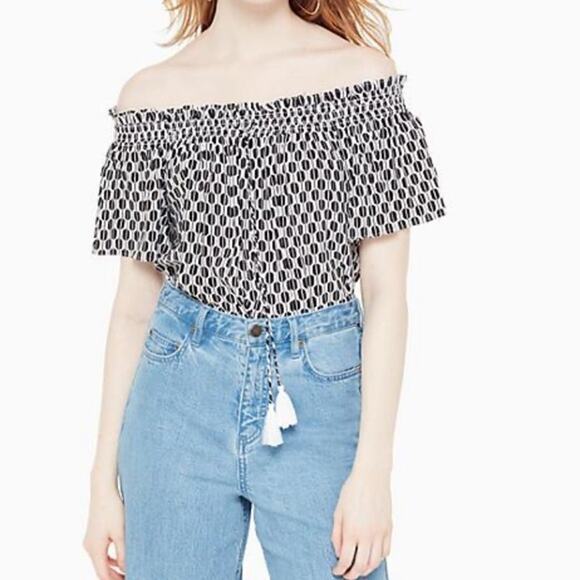 Kate Spade Arrow Stripe Off The Shoulder‎ Blouse Women's Medium Black White - Picture 2 of 10